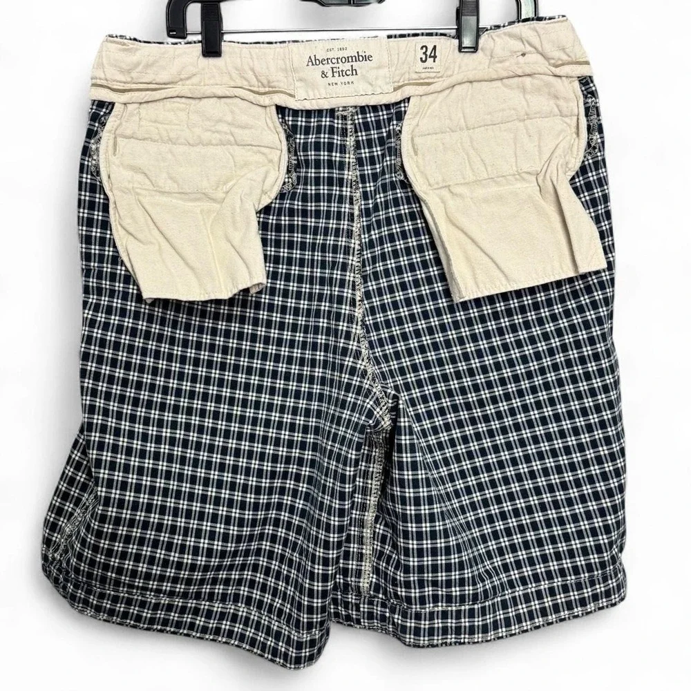 Abercrombie Fitch Men's 34 Blue Plaid Button Fly Drawstring Shorts Y2K Skater